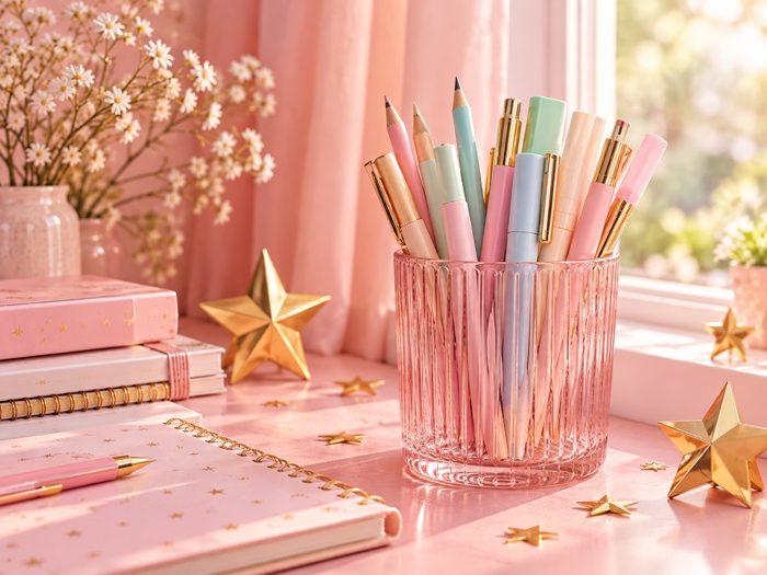 vaso rosado acanalado con lápices pastel, estrellas doradas