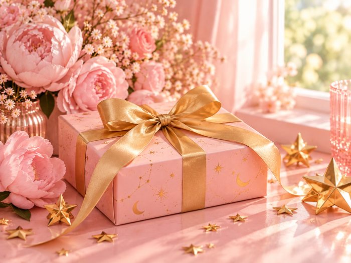 caja de regalo rosada con lazo dorado y flores